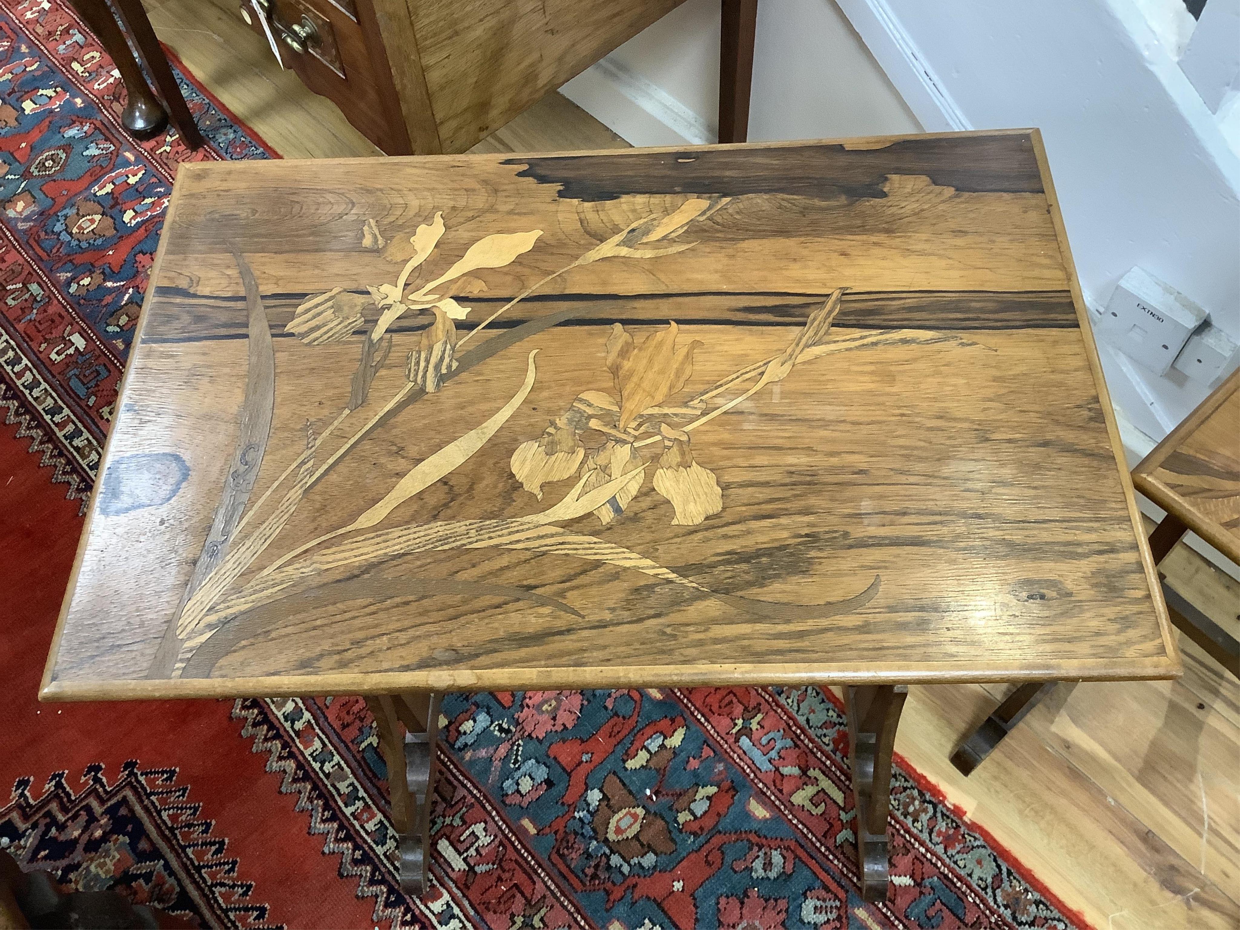 Two from a nest of early 20th century Galle style rosewood and marquetry tea tables, larger width 57cm, depth 38cm, height 70cm. Condition - fair